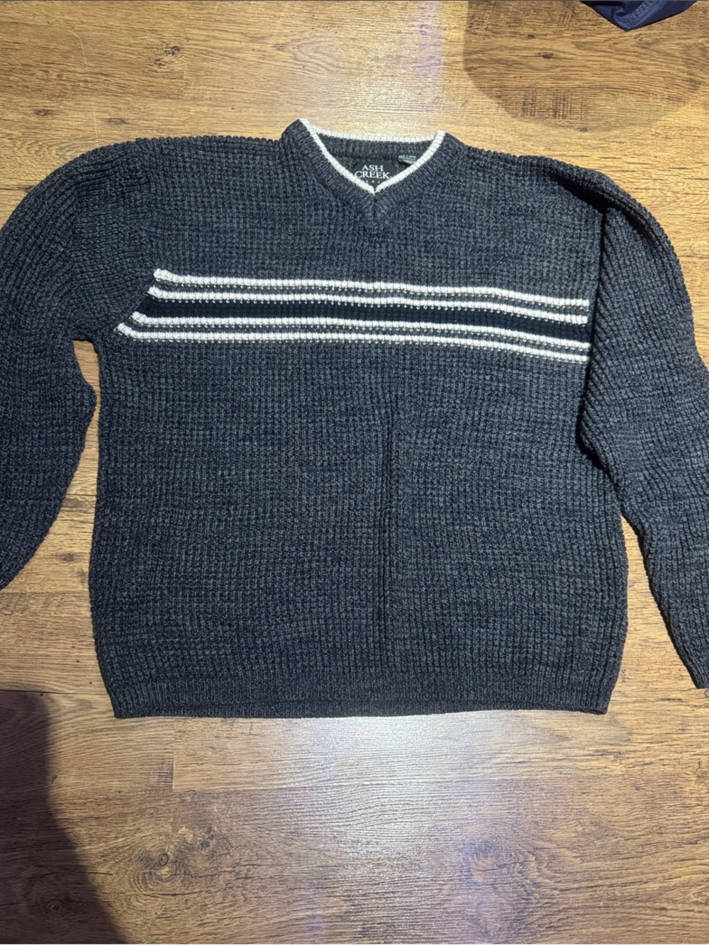 Men's Dark Gray V-Neck Knit Sweater with Contrast Stripes